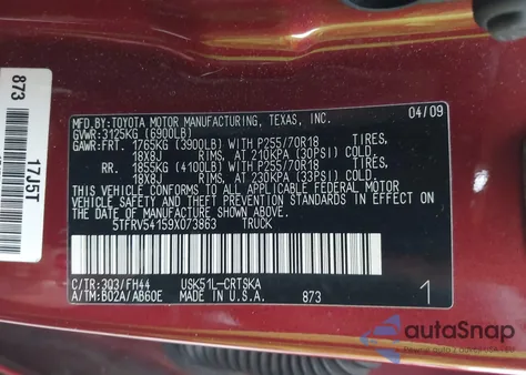 2009 Toyota Tundra Grade 5.7L V8 из США, поврежденный, VIN 5TFRV54159X073863